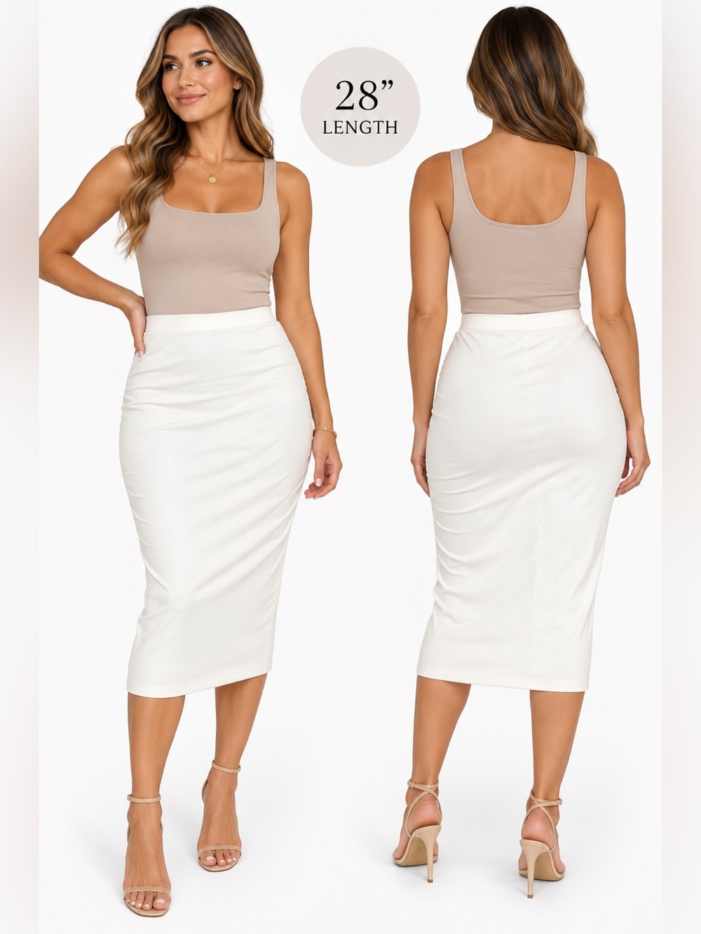 Naked Wardrobe Ivory Ruched Midi Pencil Skirt Size 1X Stretch 28” - Picture 1 of 4